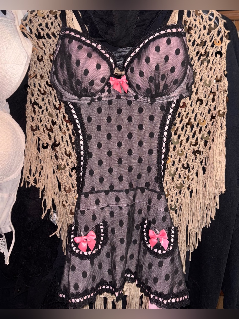 Victoria’s Secret Sexy Little Things Polka Dot Mesh Chemise, Pink Bows + Panties